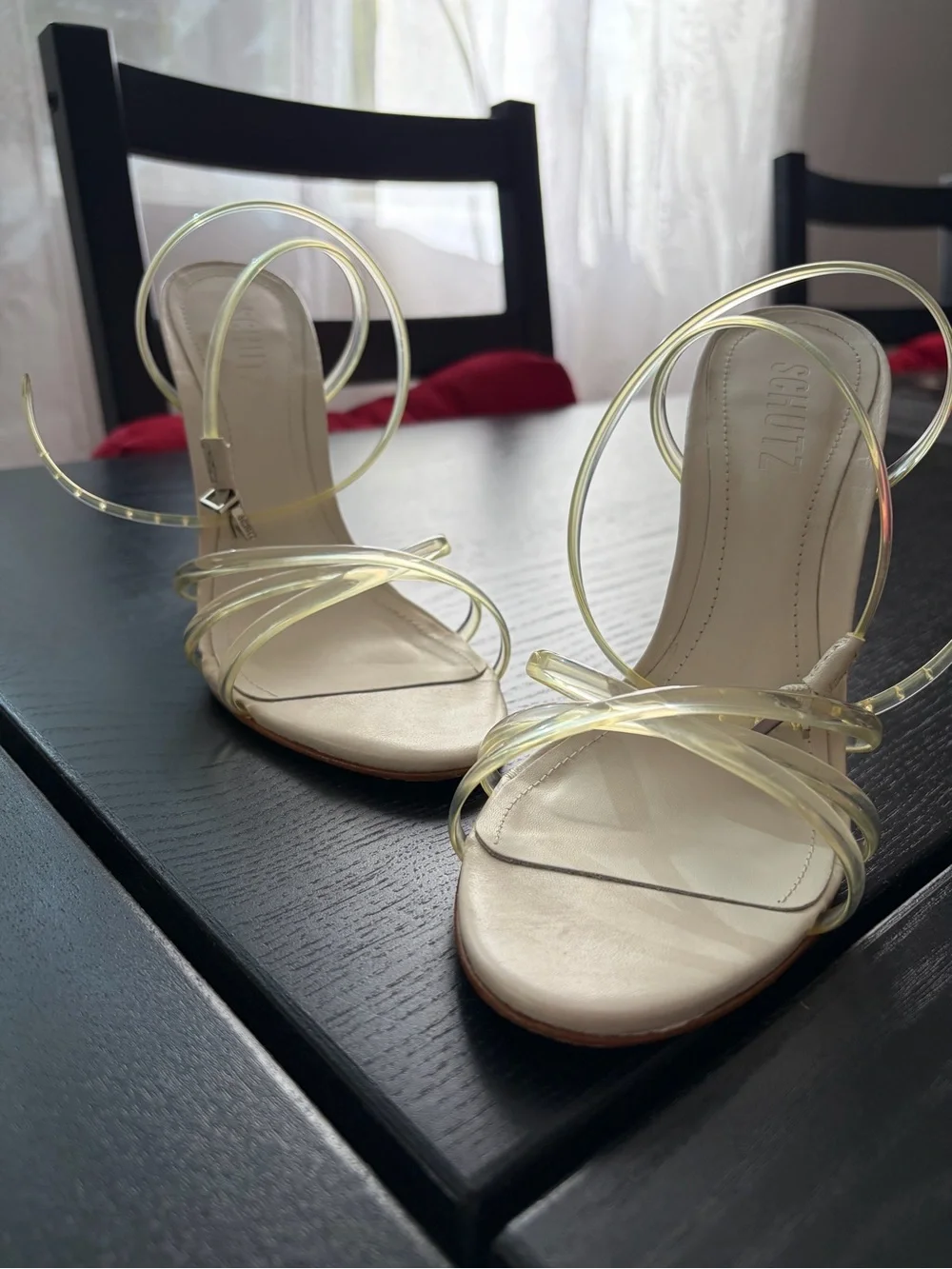 Schutz White Wedge Sandals with Clear Straps
